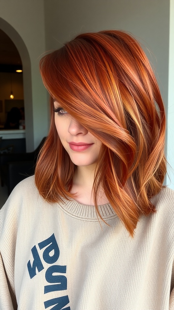 A woman with layered red quick weave hairstyle, showcasing vibrant red tones and soft waves.