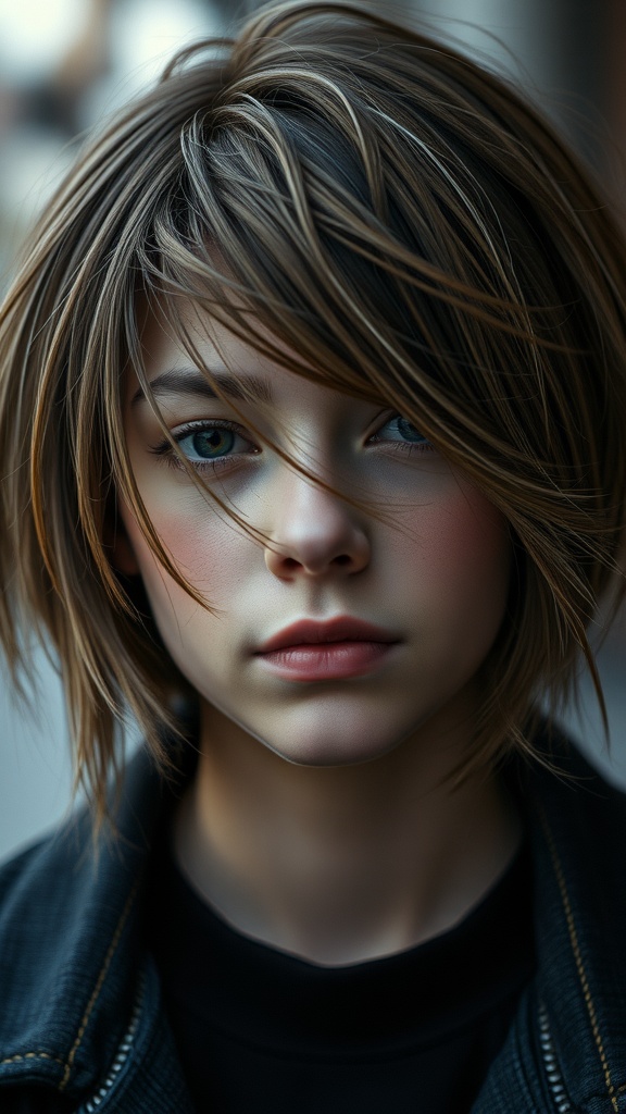 A young woman with a layered short haircut, featuring face-framing pieces, looking confidently into the camera.