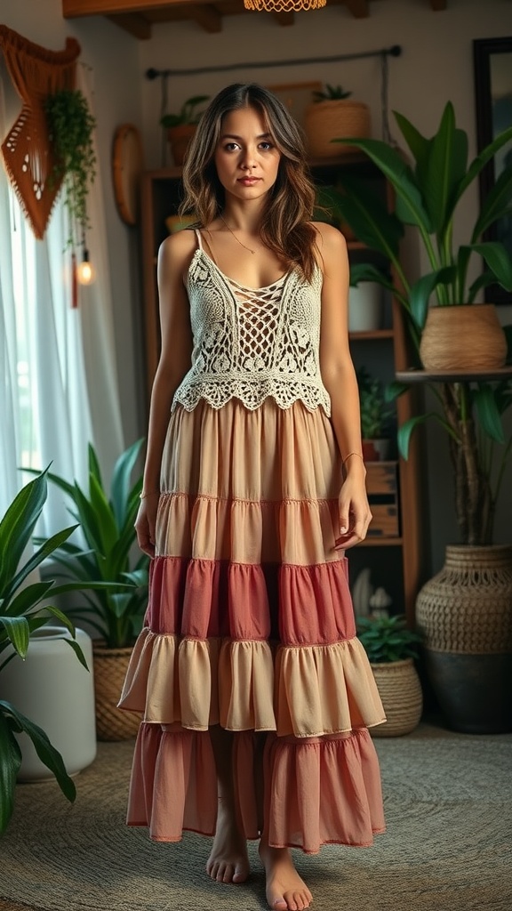 A woman wearing a layered skirt with a crochet top, standing in a room with plants.