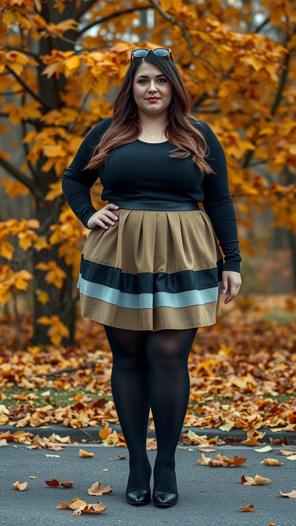 A woman wearing a pleated layered skirt with black tights and a black top, standing in front of orange autumn leaves.