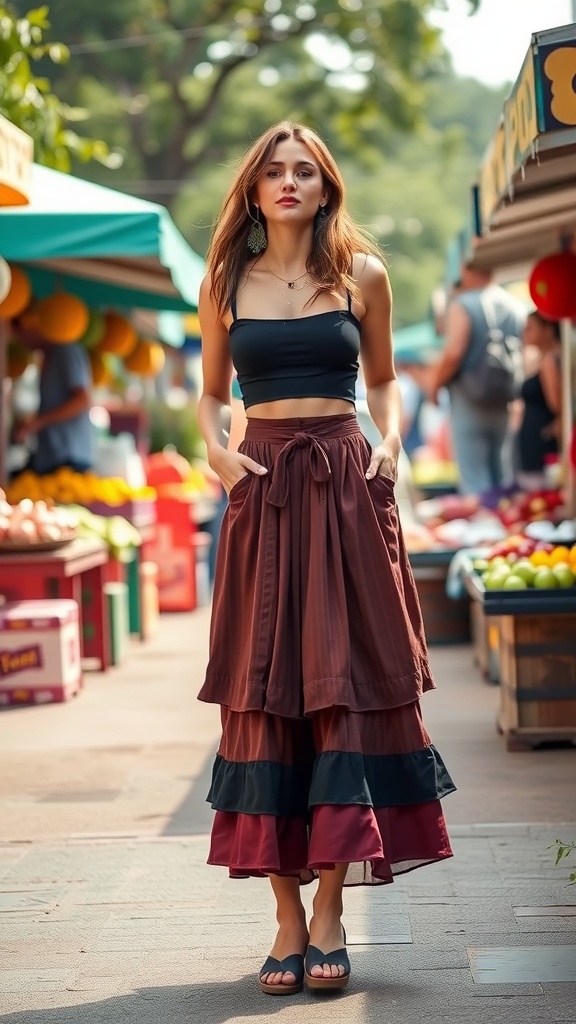 A woman wearing a layered skirt and crop top walking through a market