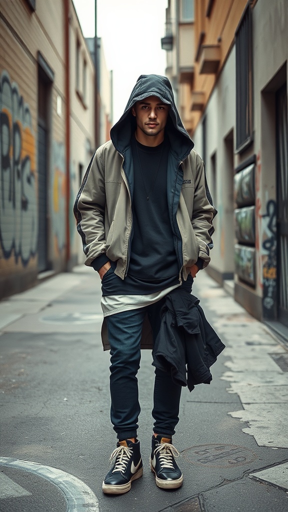 A young man in a layered streetwear outfit featuring a hooded jacket, black shirt, and slim-fit jeans, standing in an urban alley.