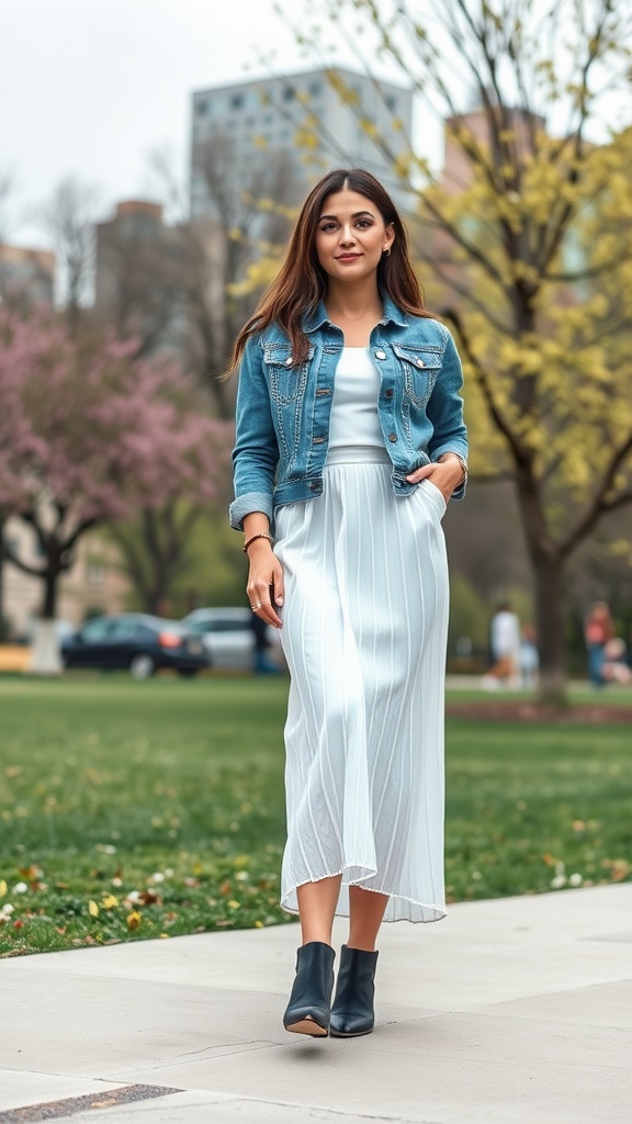 A woman wearing a white midi skirt and denim jacket, walking in a park