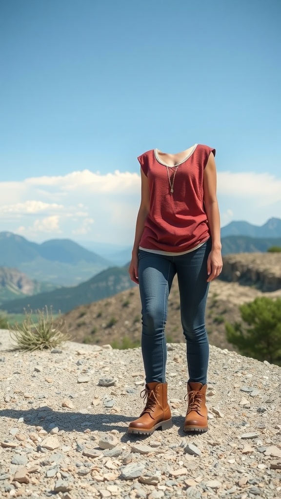 A woman wearing a layered tank top and rugged boots standing outdoors with mountains in the background.