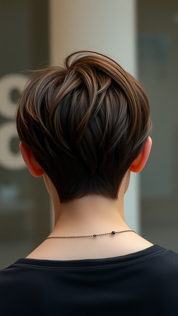 A close-up view of a woman's back head showing a layered tapered haircut with rich brown tones.