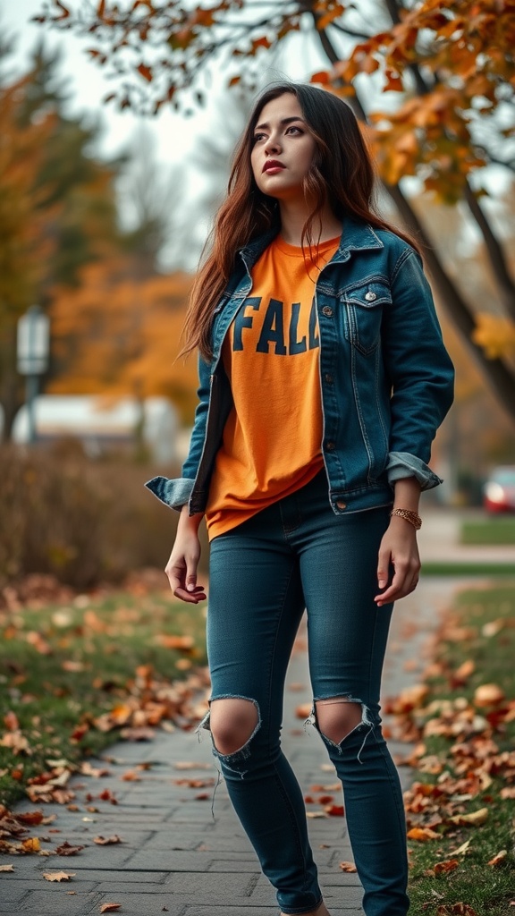 A young woman wearing a layered orange tee under a denim jacket, paired with ripped jeans, standing amidst autumn leaves.