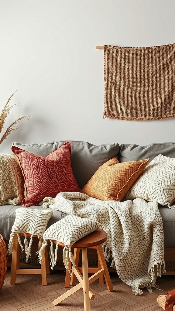 A cozy living room with layered textiles, including colorful pillows and a knit throw on a sofa, complemented by wooden stools.