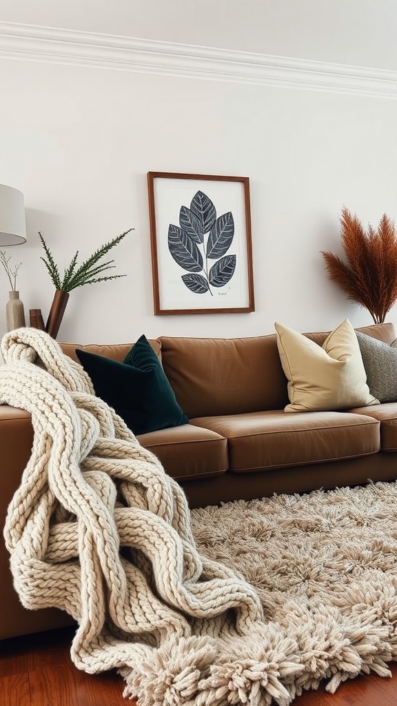 A cozy living room featuring a leather sofa with a knitted throw, decorative pillows, and a fluffy area rug.