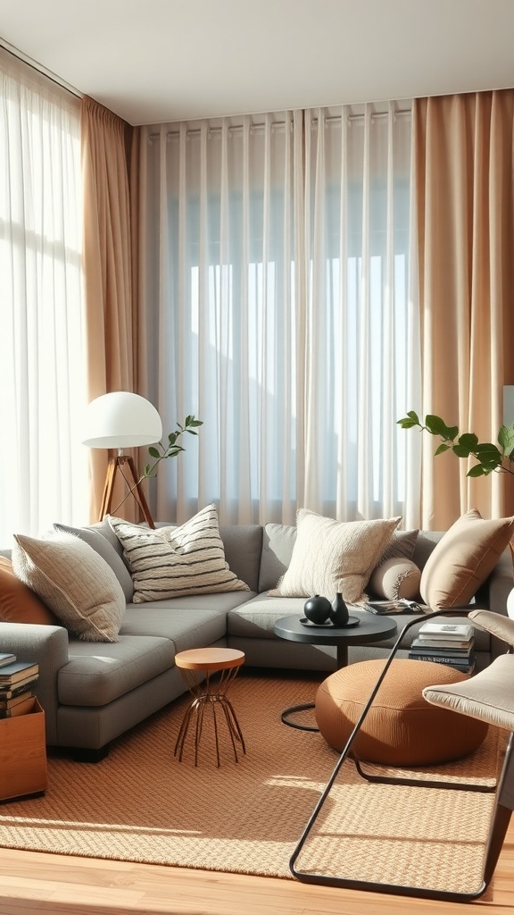 A contemporary living room with layered textures, featuring a gray sofa, cushions, draped curtains, and a cozy rug.