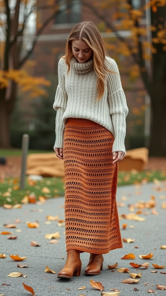A woman wearing a cozy oversized sweater and a crochet maxi skirt in autumn setting