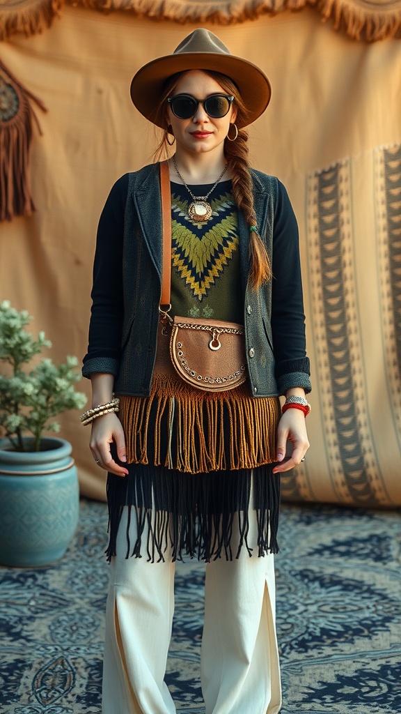 A woman wearing a layered boho outfit with fringe accessories, including a vest, colorful top, and wide-brimmed hat.