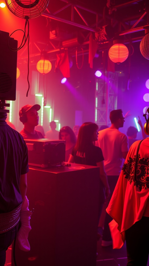 A vibrant rave scene with people enjoying music, showcasing layered outfits in bright colors.