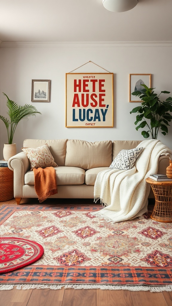 A cozy living room featuring a beige sofa with layered throws, intricate rugs, and green plants.