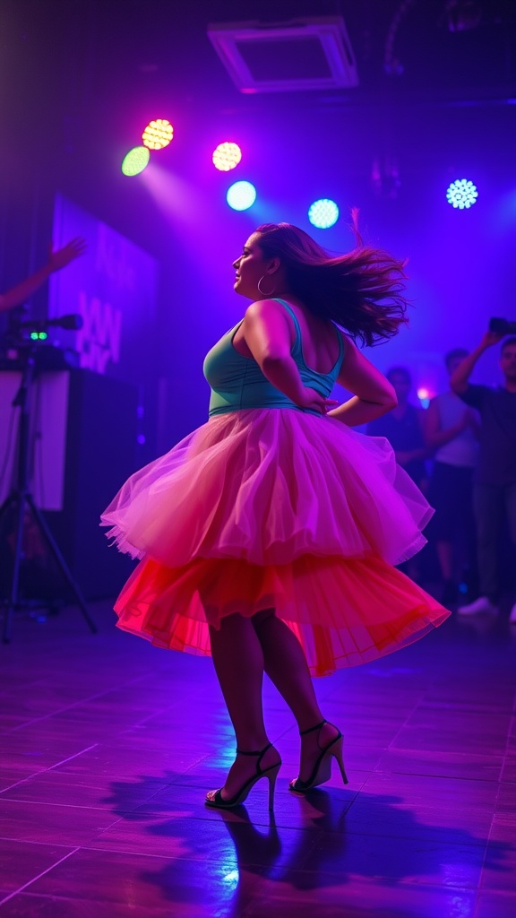 A woman dancing in a layered tulle skirt with colorful lights in the background.
