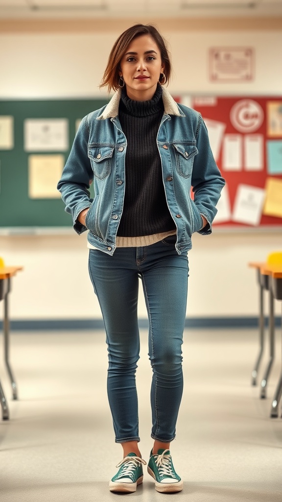 A stylish woman wearing a layered turtleneck and denim jacket inside a school classroom.