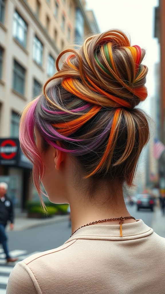 Layered updo hairstyle with colorful highlights in orange, pink, green, and purple.