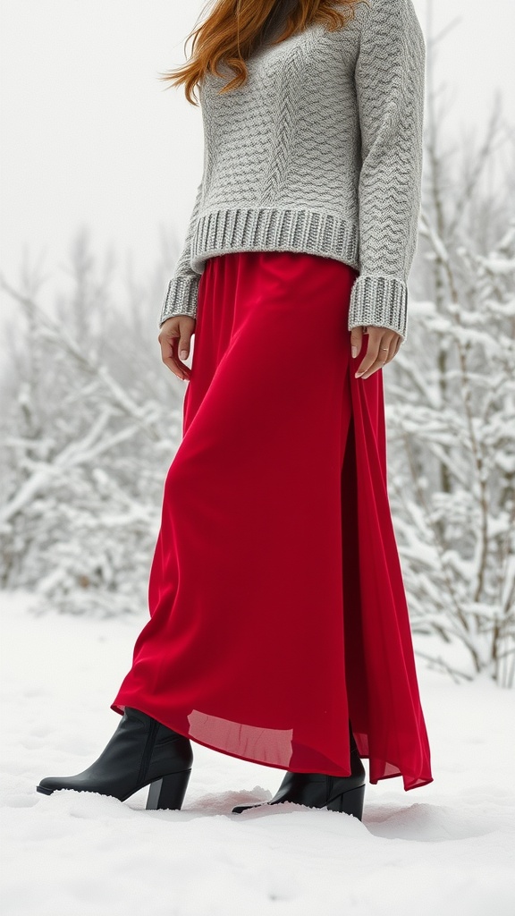 A woman in a grey knit sweater and a red maxi skirt stands in a snowy landscape, showcasing a cozy winter outfit.