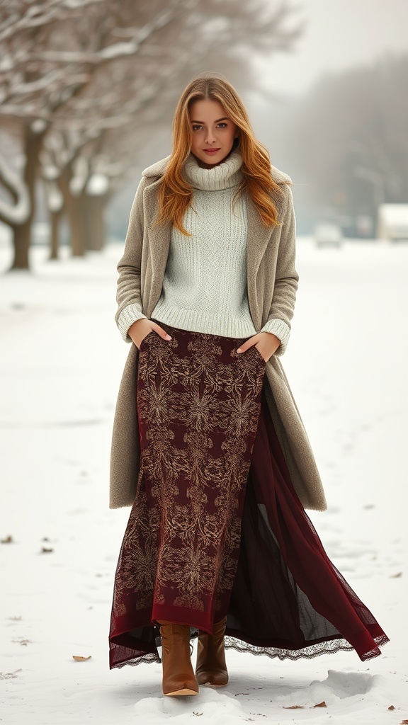 A woman in a winter outfit featuring a cozy sweater, lace maxi skirt, and ankle boots, set against a snowy backdrop.