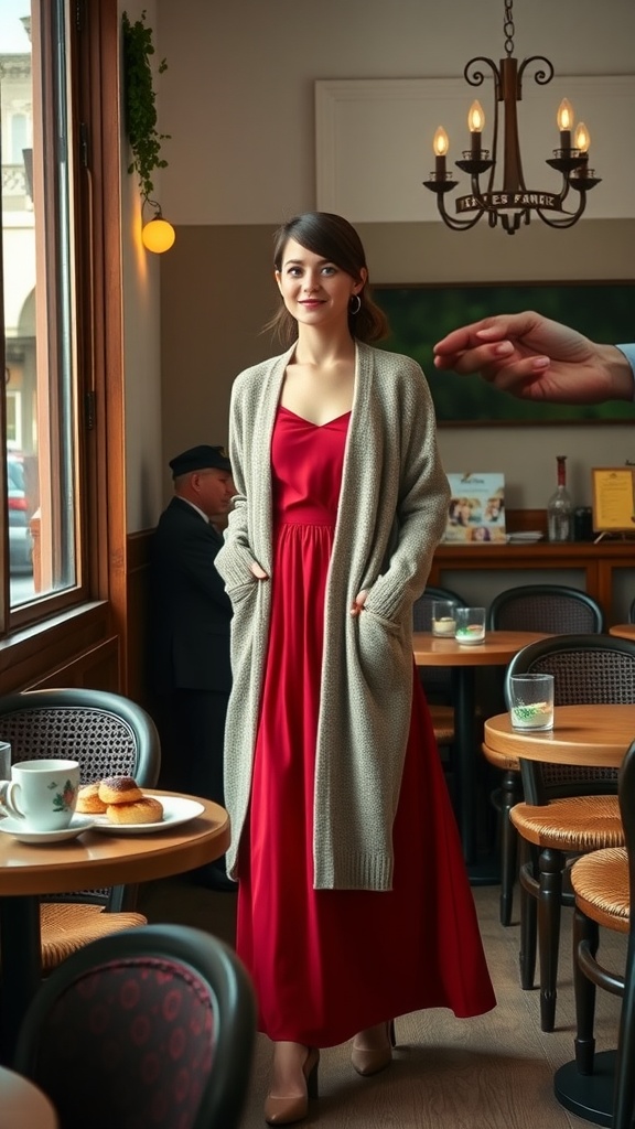 A woman wearing a red maxi skirt with a long cardigan in a cafe setting.