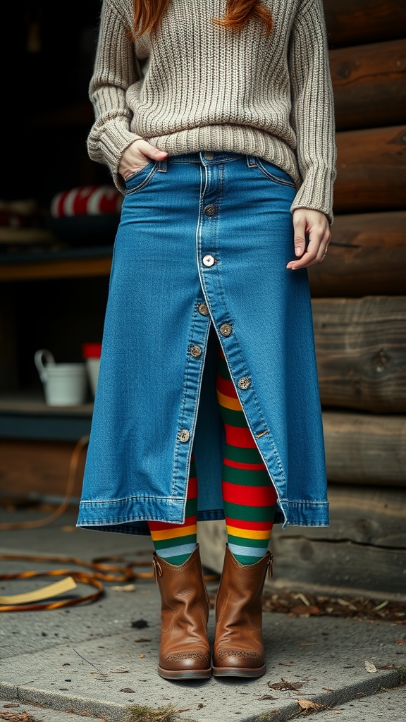 A woman wearing a long denim skirt with colorful striped tights and brown boots, standing outside.