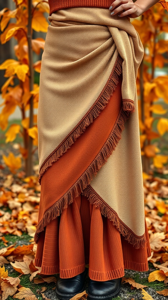 A layered wrap skirt in rust and beige colors, featuring fringe details, worn against a backdrop of autumn leaves.