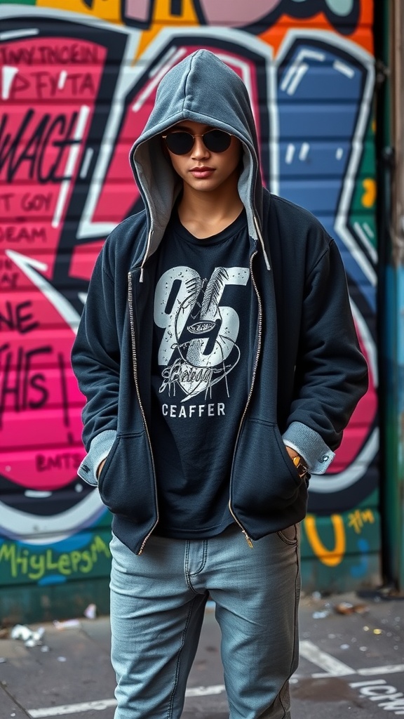 A person wearing a black hoodie and sunglasses with a colorful graffiti background.