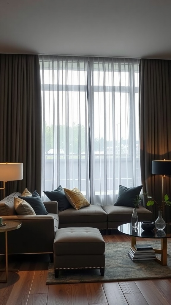 A stylish living room featuring layered curtains with sheer and dark fabrics, a cozy sofa, and decorative pillows.