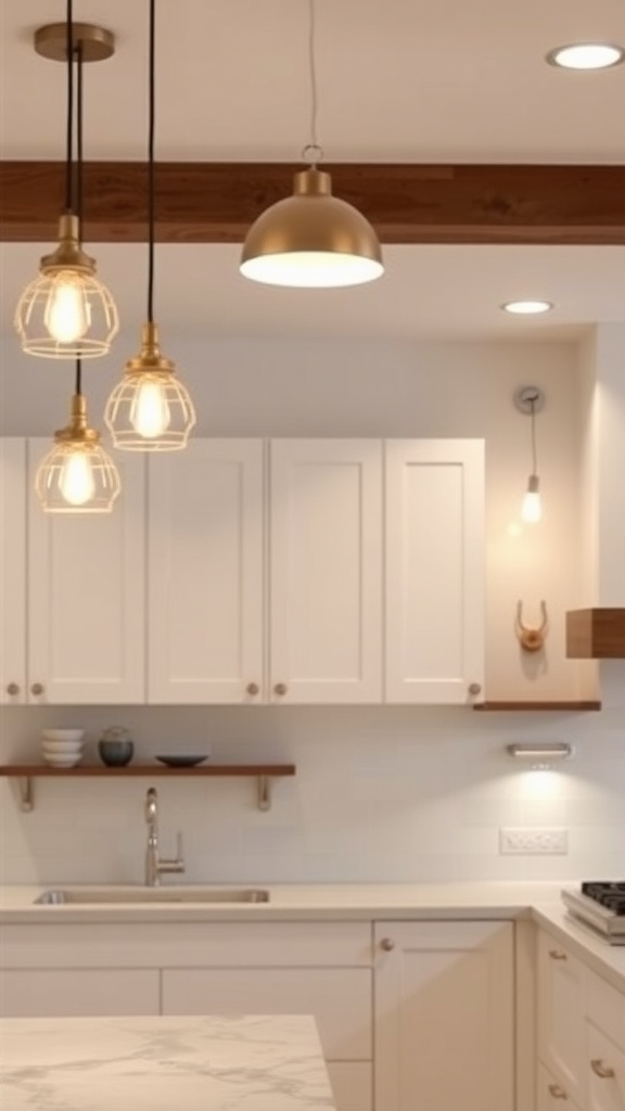 Stylish kitchen with layered lighting, featuring pendant and recessed lights