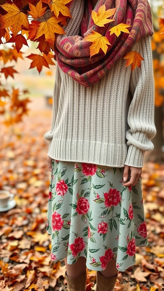 A person wearing a cozy sweater and floral skirt in a fall setting with orange leaves.