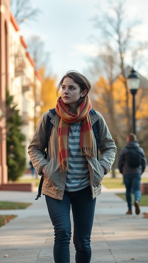 A student walking on campus wearing a light jacket, striped shirt, jeans, and a colorful scarf.
