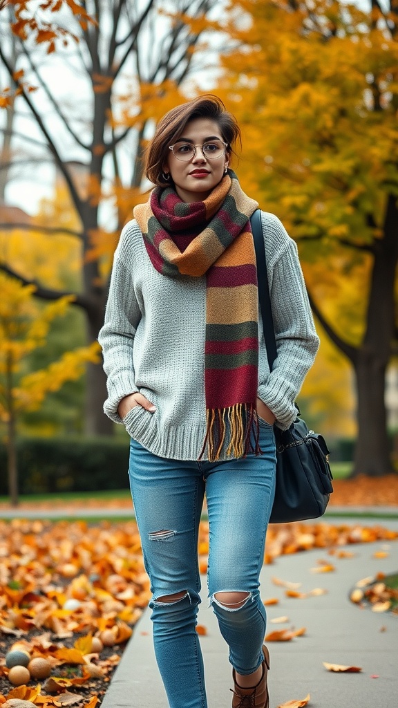 A young woman in a cozy sweater and colorful scarf walking through a park with autumn leaves.