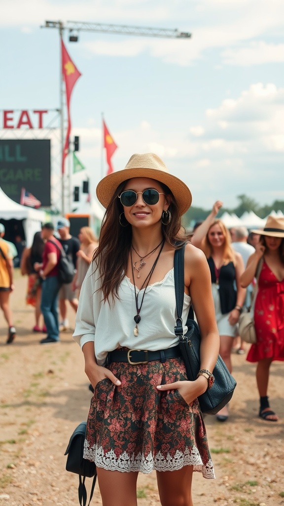 A stylish woman at a festival wearing a light top and floral skirt, accessorized with a wide-brimmed hat and sunglasses.