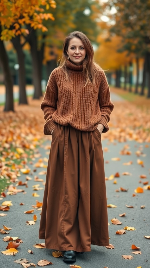 A woman wearing a brown knit sweater and a brown maxi skirt, standing on a path surrounded by autumn leaves.