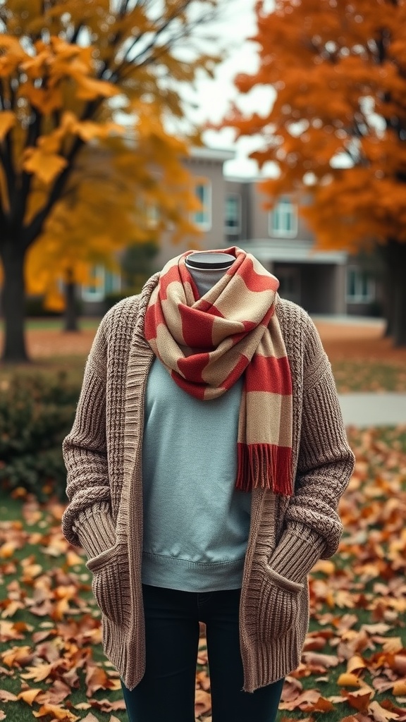 A cozy cardigan and scarf layered for fall, surrounded by colorful autumn leaves.