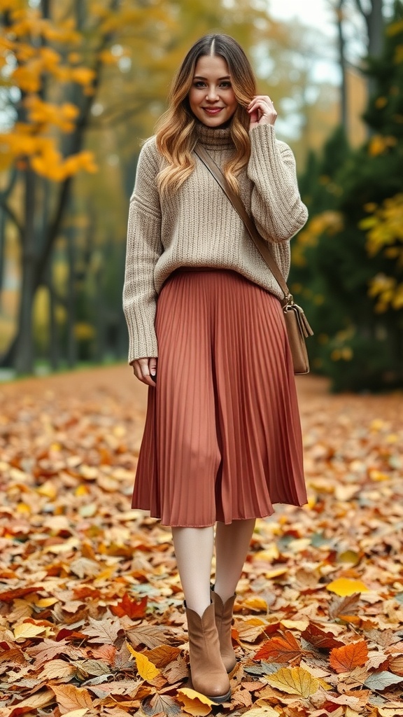 A woman in a cozy sweater and a pleated midi skirt, standing on a path covered with autumn leaves.