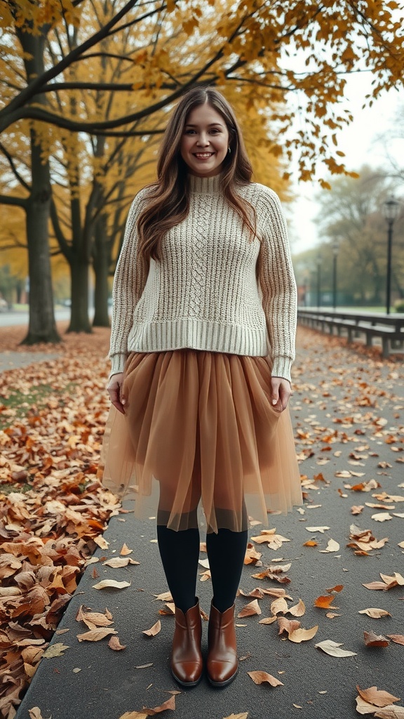 A woman wearing a cream sweater and a brown tulle skirt, standing on a leaf-covered path in autumn.