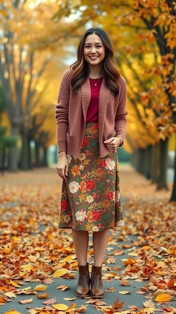 A woman standing on a leaf-covered path wearing a floral midi skirt, a maroon top, and a pink cardigan, smiling against a backdrop of autumn trees.