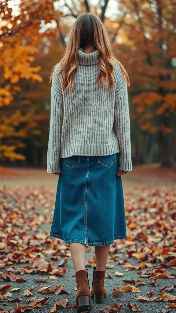 A woman walking in a park wearing a chunky sweater and a jean skirt during fall