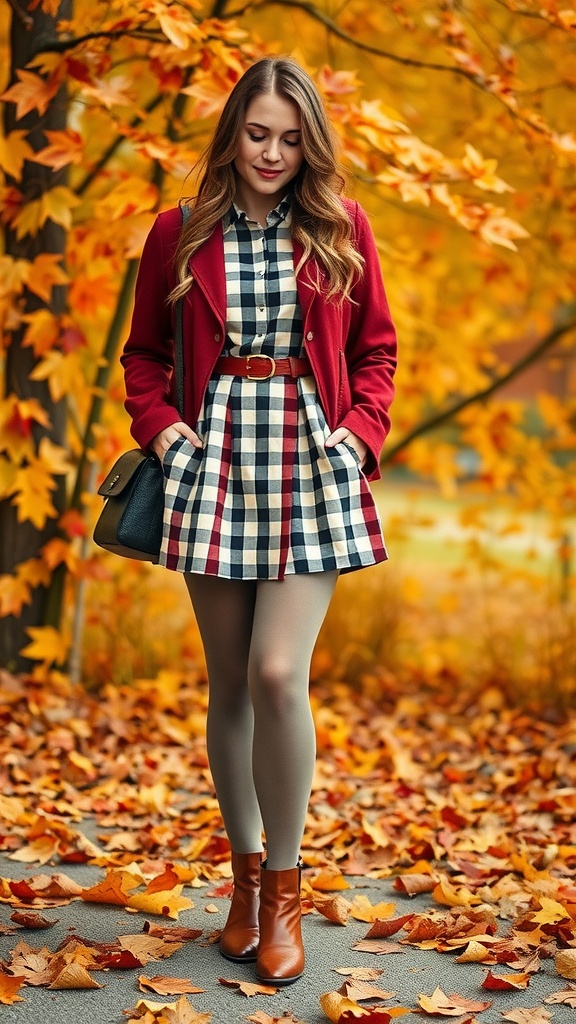 A woman wearing a gingham skirt with a red blazer and tights, surrounded by fall leaves.
