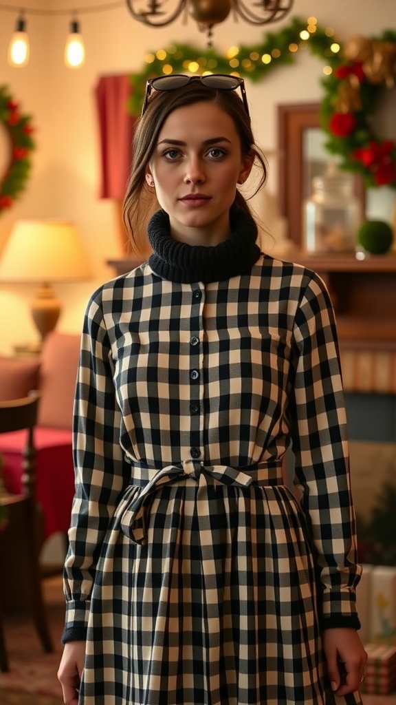 Model wearing a gingham dress layered with a black turtleneck, posing in a cozy, festive setting.
