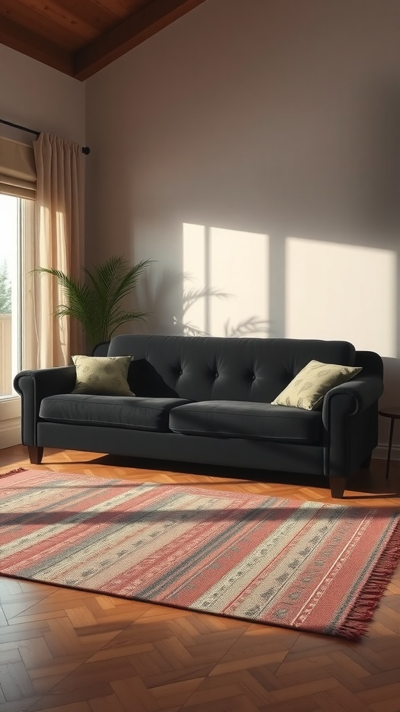A stylish black couch with layered rugs in a cozy living room setting.