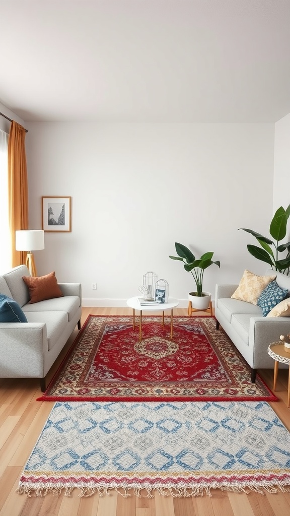 A living room featuring layered rugs: a larger red ornate rug on top of a smaller blue and white patterned rug, with modern sofas and a coffee table.