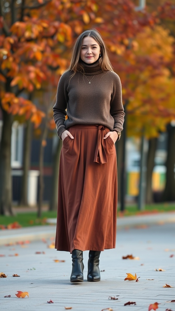 A woman wearing a brown turtleneck sweater and a long rust-colored skirt, standing against an autumn backdrop with colorful leaves.