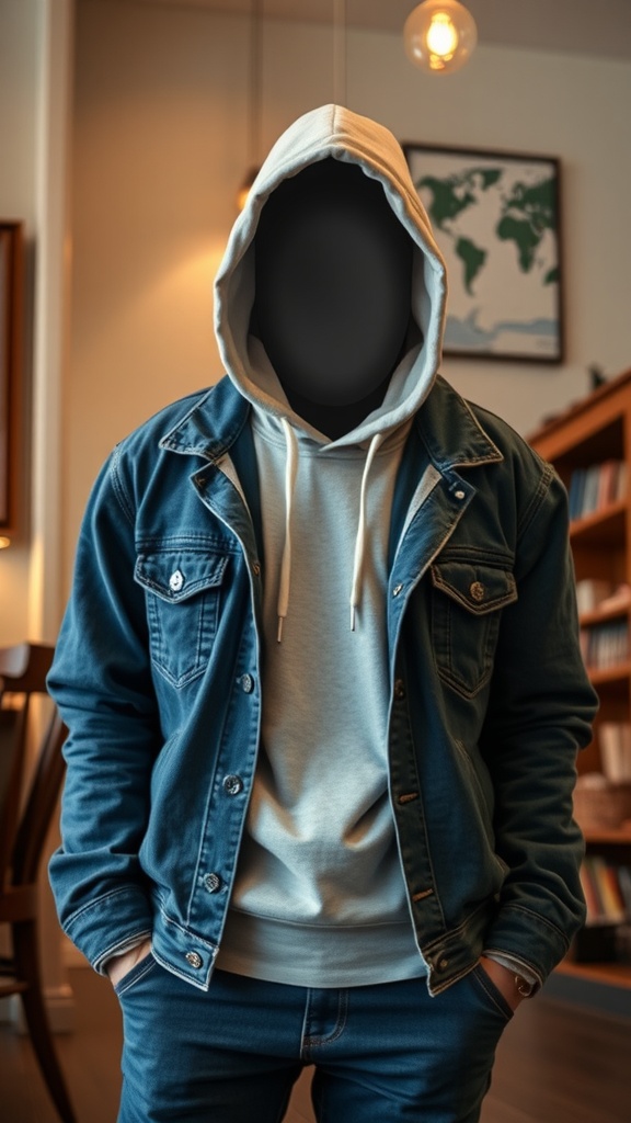 A person wearing a hoodie under a denim jacket, showcasing a stylish layered outfit.