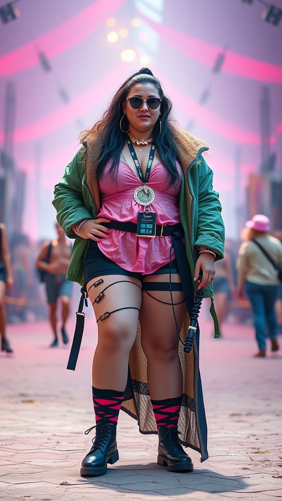 A plus-size individual wearing a layered rave outfit consisting of a pink top, oversized jacket, shorts, knee-high socks, and accessories.