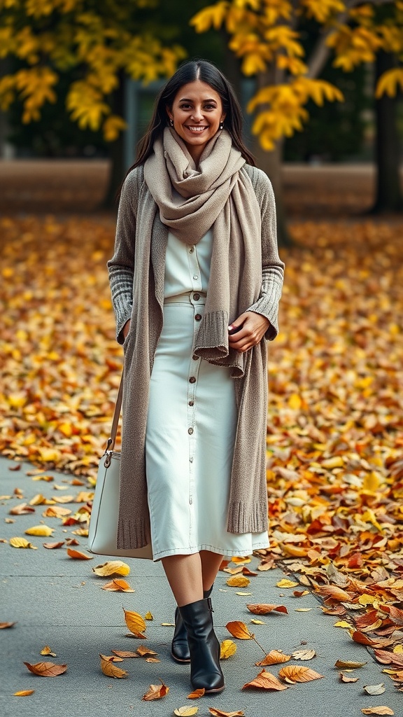 A woman walking through a park covered in autumn leaves, wearing a white denim skirt, a cozy scarf, and ankle boots.