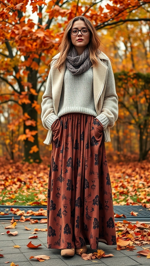 A woman wearing a patterned maxi skirt, knit sweater, and jacket in an autumn setting with fallen leaves.