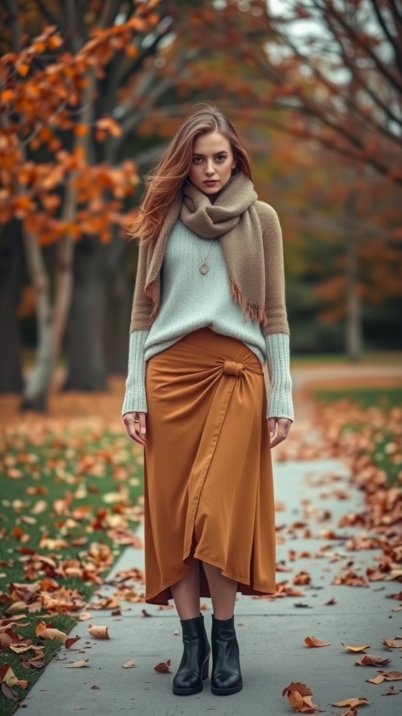 A woman wearing a wrap skirt, cozy sweater, and scarf in a fall setting with orange leaves.