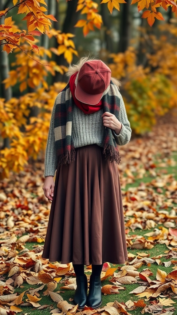 A woman wearing a chunky sweater, a brown midi skirt, and ankle boots, standing among colorful autumn leaves.