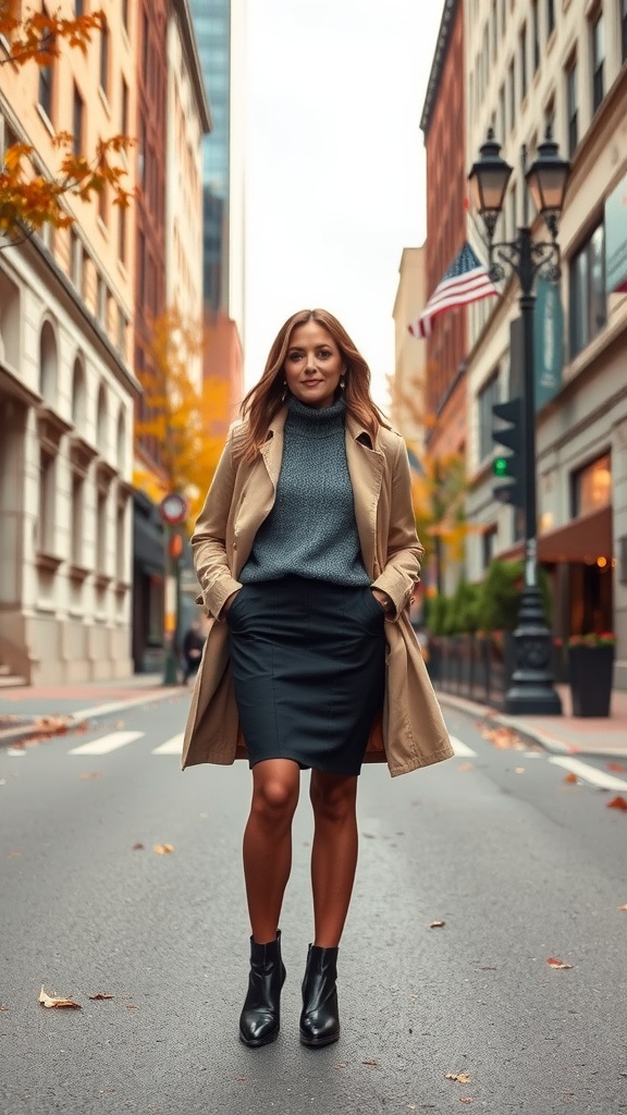 A woman walking in a city street wearing a pencil skirt, cozy sweater, and a trench coat.